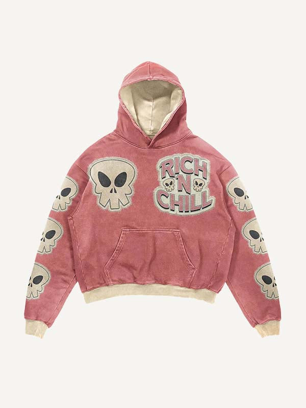 Skull&Letter Faux Decal Print Slant Pockets Hoodie