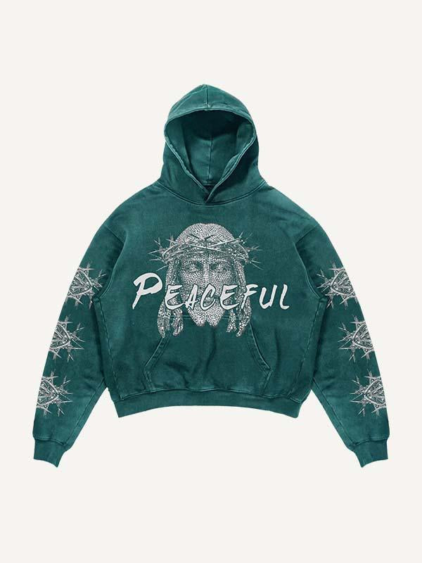 Jesus&Pigeon&Letter Faux Rhinestones Print Slant Pockets Hoodie