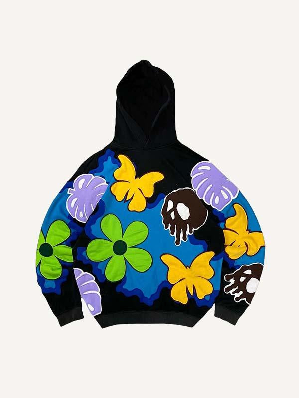 Colorblock Floral&Skull Faux Decal Print Slant Pockets Hoodie