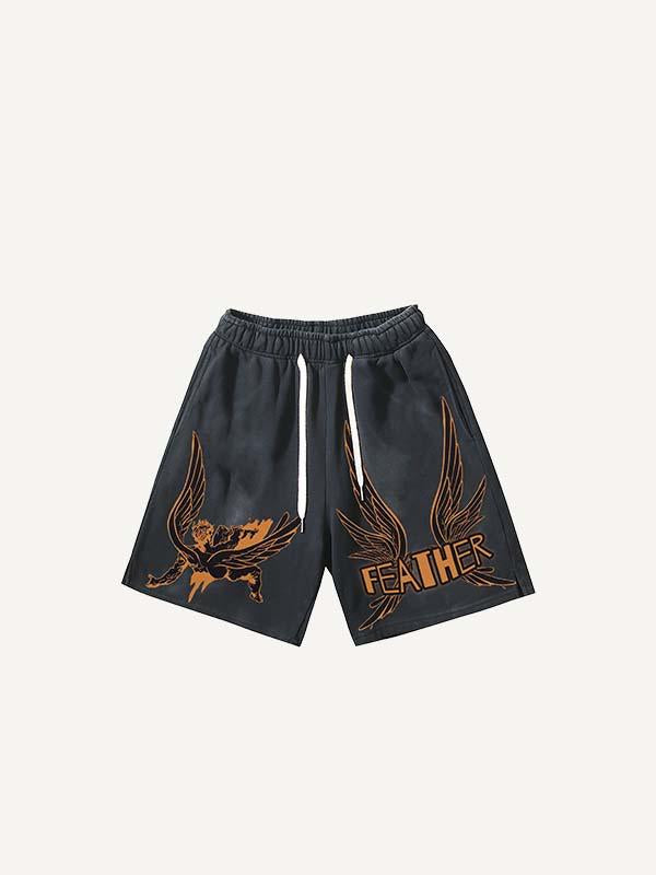 Figure&Wing&Letter Print Drawstring Waist Shorts