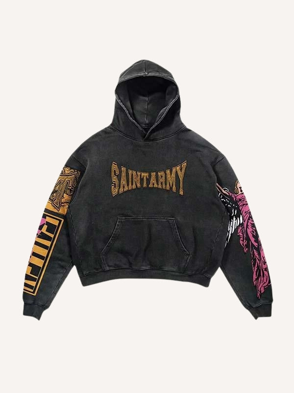 Figure&Wing&Letter Print Slant Pockets Hoodie