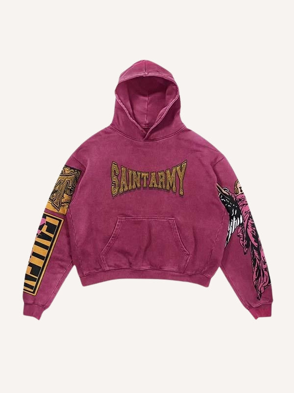 Figure&Wing&Letter Print Slant Pockets Hoodie