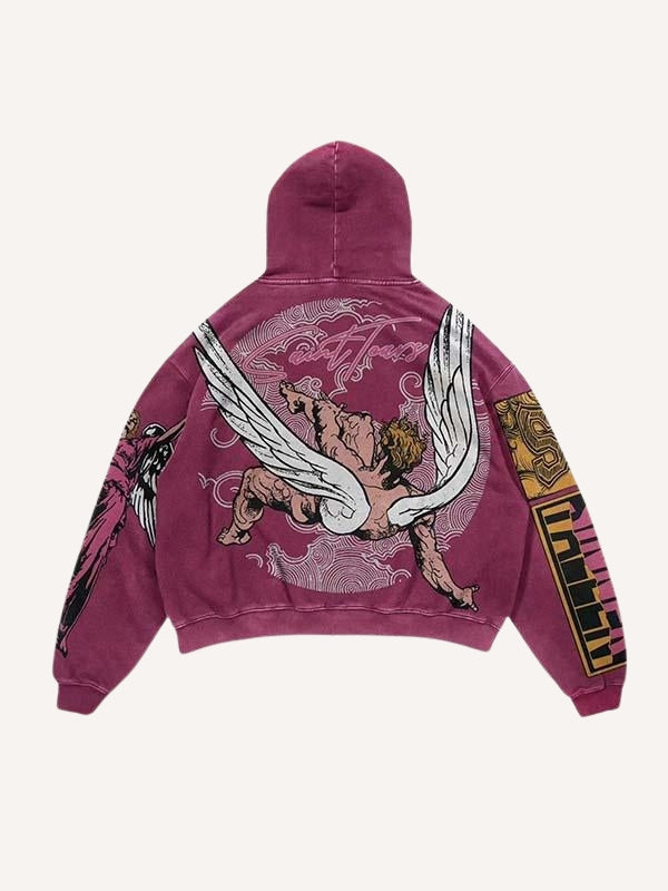 Figure&Wing&Letter Print Slant Pockets Hoodie