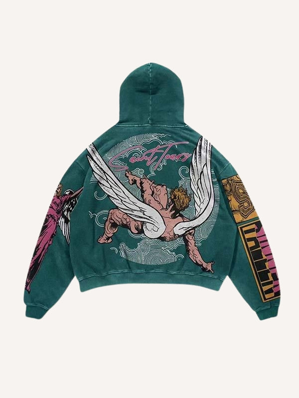 Figure&Wing&Letter Print Slant Pockets Hoodie
