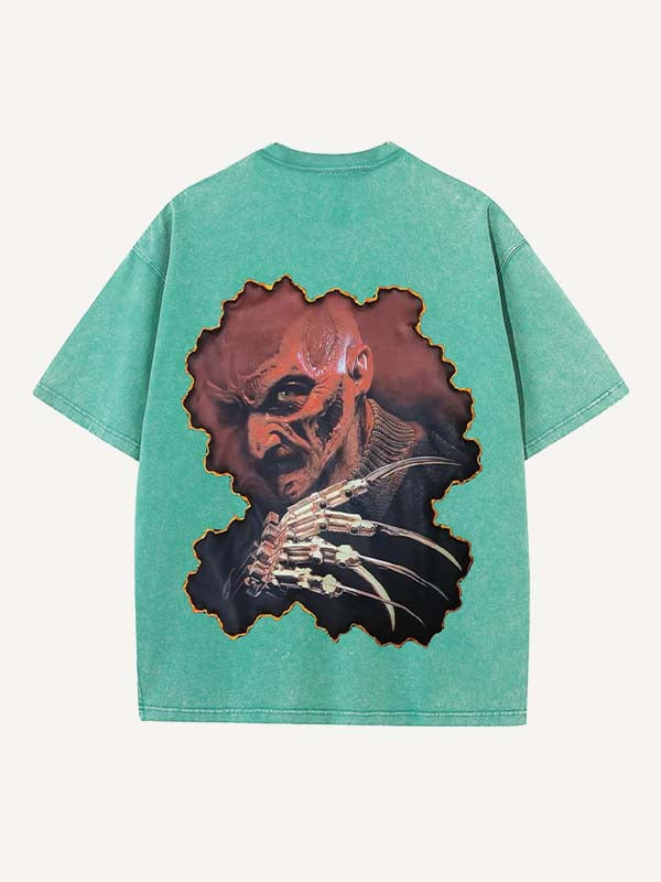 Distressed Washed Horror Print Round Neck T-shirt