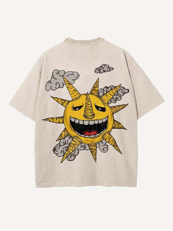 Distressed Washed Evil Moon&Sun&Star&Cloud Print Round Neck T-shirt