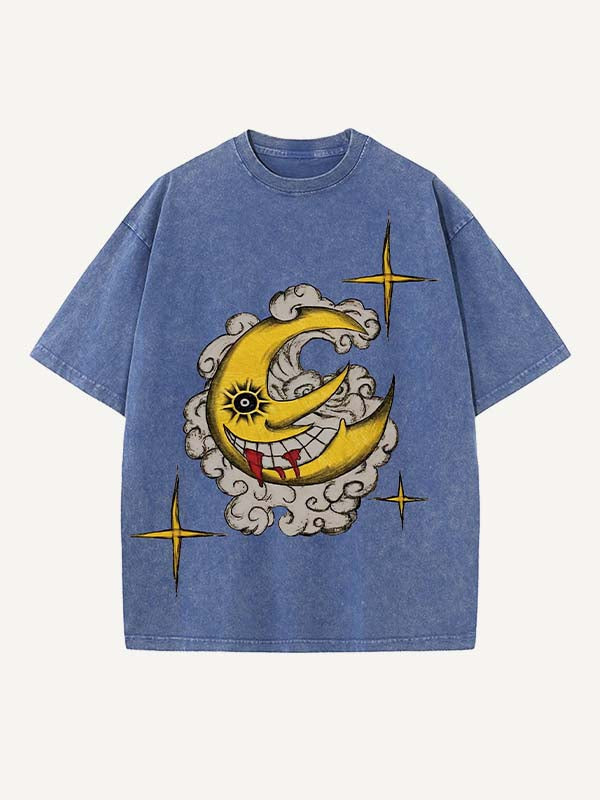 Distressed Washed Evil Moon&Sun&Star&Cloud Print Round Neck T-shirt