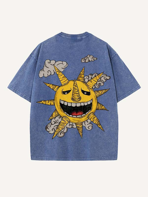 Distressed Washed Evil Moon&Sun&Star&Cloud Print Round Neck T-shirt