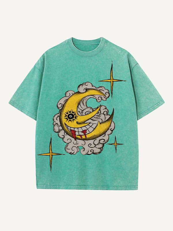 Distressed Washed Evil Moon&Sun&Star&Cloud Print Round Neck T-shirt