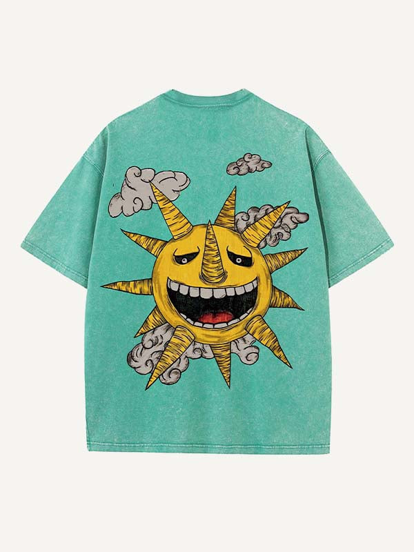 Distressed Washed Evil Moon&Sun&Star&Cloud Print Round Neck T-shirt