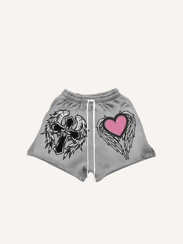 Cross&Wing&Heart Print Drawstring Waist Shorts