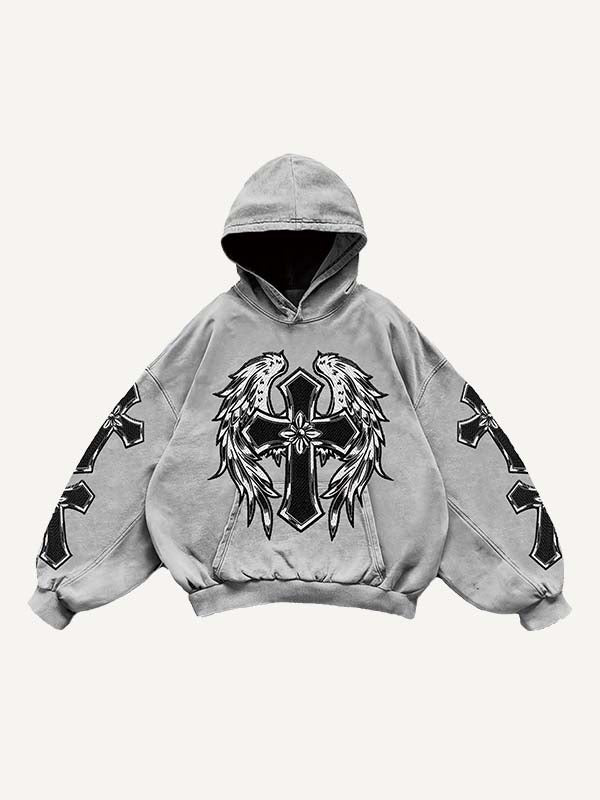 Cross&Wing&Heart Print Slant Pockets Hoodie