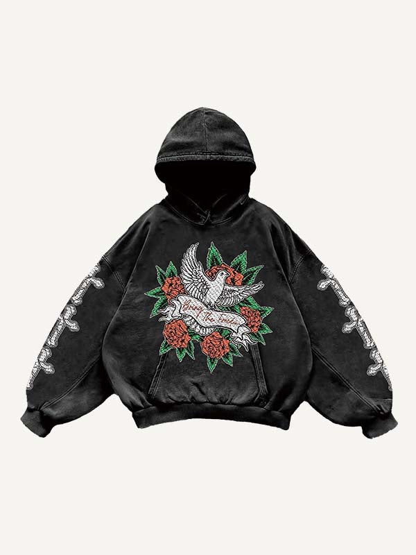 Cross&Rose&Pigeon Print Slant Pockets Hoodie