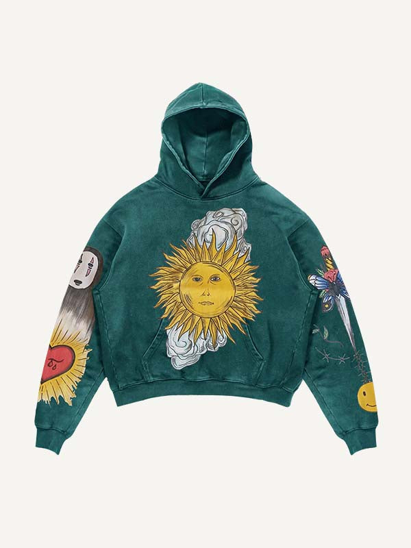 Sun&Moon&Cloud&Heart&Sword&Figure Print Slant Pockets Hoodie