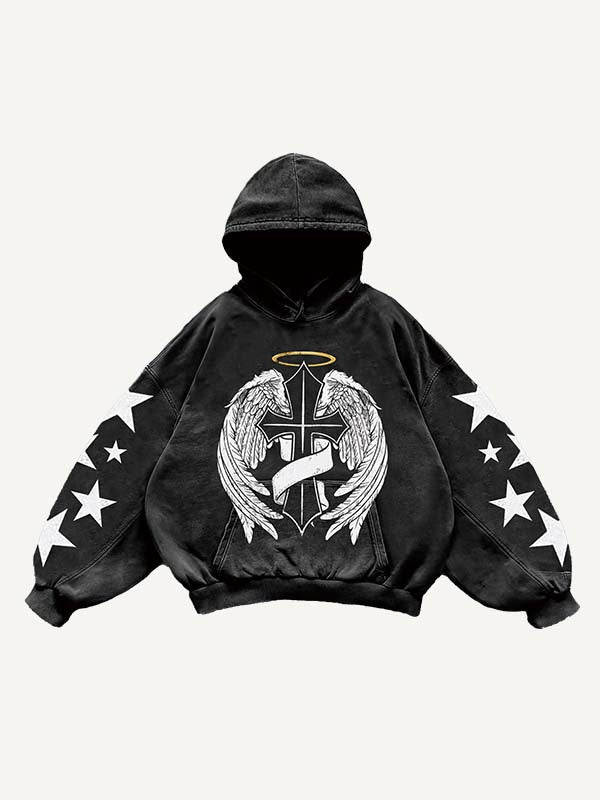 Cross&Wing Print Slant Pockets Hoodie