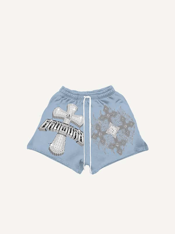 Cross&Fire&Letter Faux Rhinestones Print Drawstring Waist Shorts
