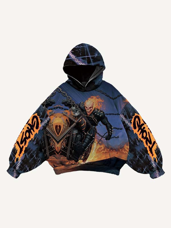 Fire Skeleton&Chain&Motorcycle&Letter Print Slant Pockets Hoodie