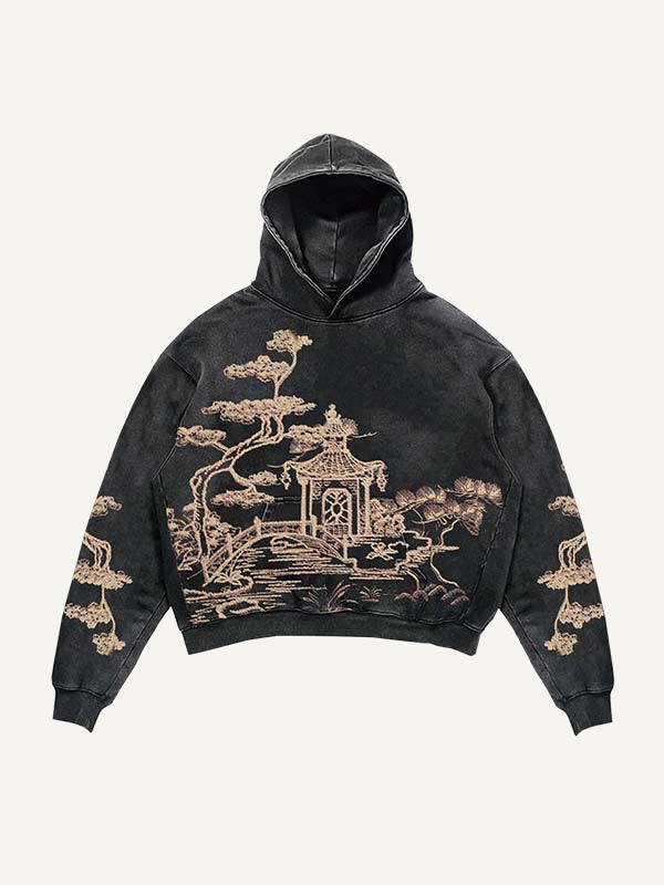 Graphic Faux Decal Print Slant Pockets Hoodie