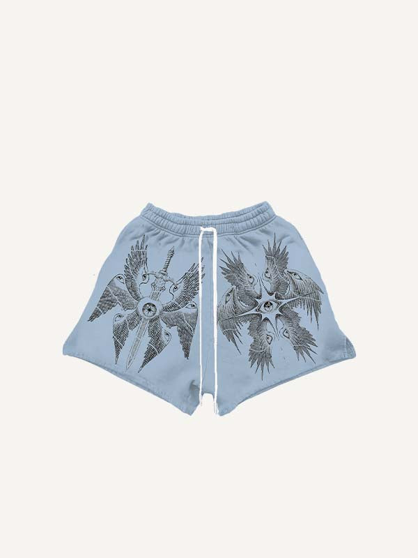 Wing&Eye&Graphic&Sword Print Drawstring Waist Shorts