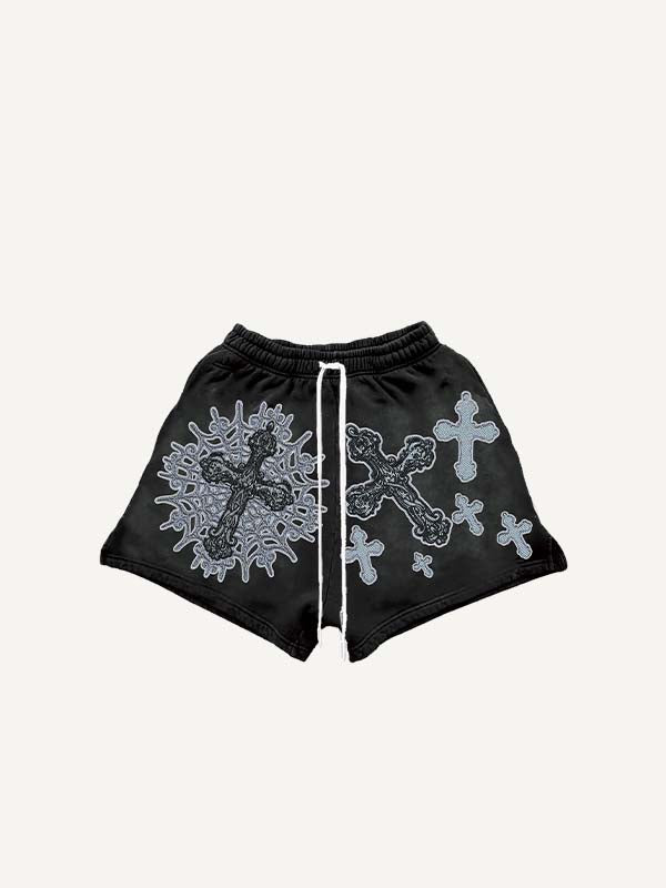 Cross Print Drawstring Waist Shorts