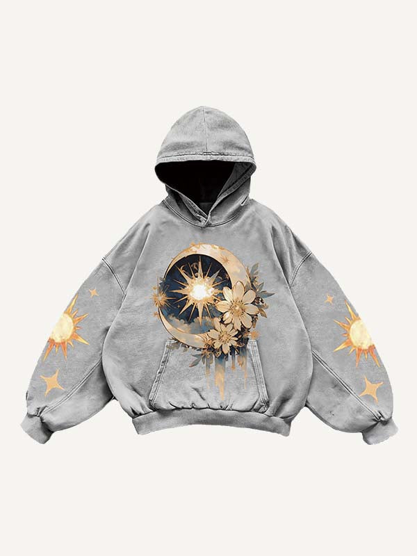 Moon&Sun&Star&Floral&Graphic Print Slant Pockets Hoodie