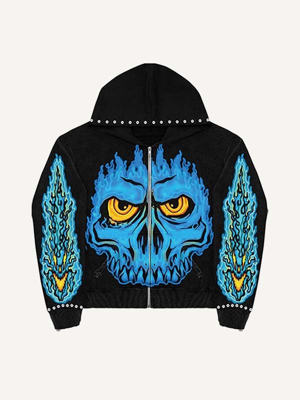 Skeleton&Fire Print Zip Up Hooded Coat
