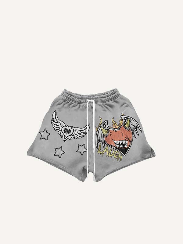 Demon Heart&Wing&Star Print Drawstring Waist Shorts