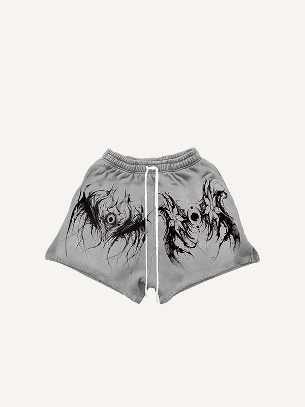 Eye&Wing&Floral Print Drawstring Waist Shorts