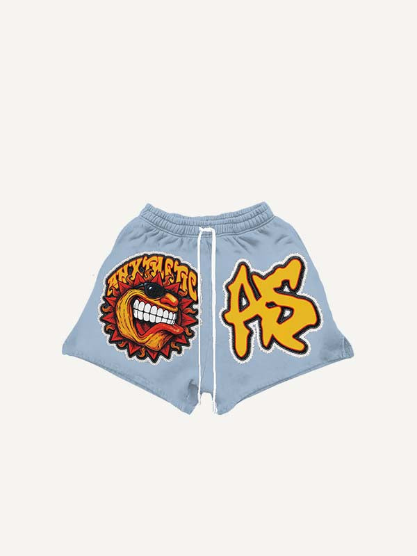 Sun&Fire&Sunglasses&Letter Faux Decal Print Drawstring Waist Shorts