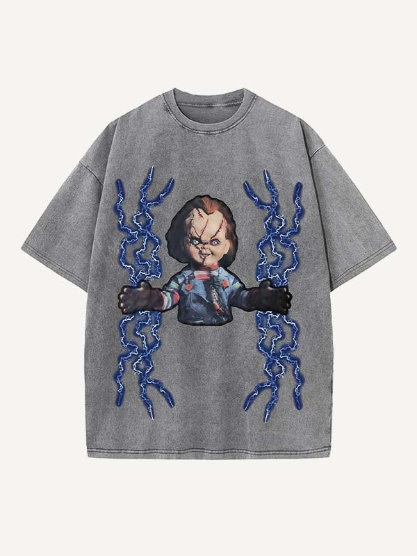 Distressed Washed Horror Print Round Neck T-shirt