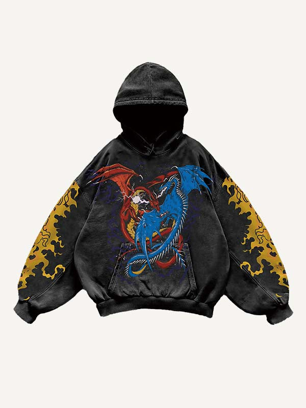 Dragon Print Slant Pockets Hoodie