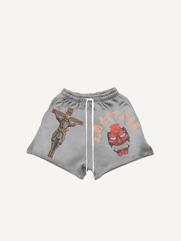 Warrior&Cross&Star Print Drawstring Waist Shorts