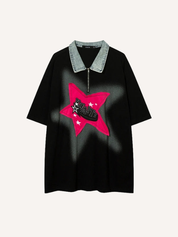 Letter&Star Patches Denim Lapel Polo Shirt
