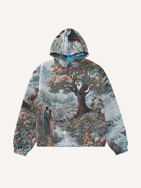 Figure&Tree&Animal&Floral Print Slant Pockets Hoodie