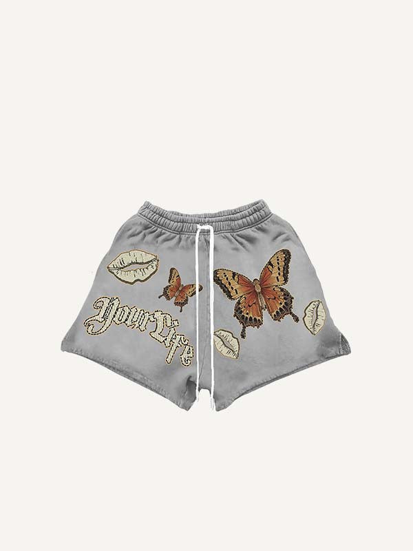 Butterfly&Lips&Letter Print Drawstring Waist Shorts