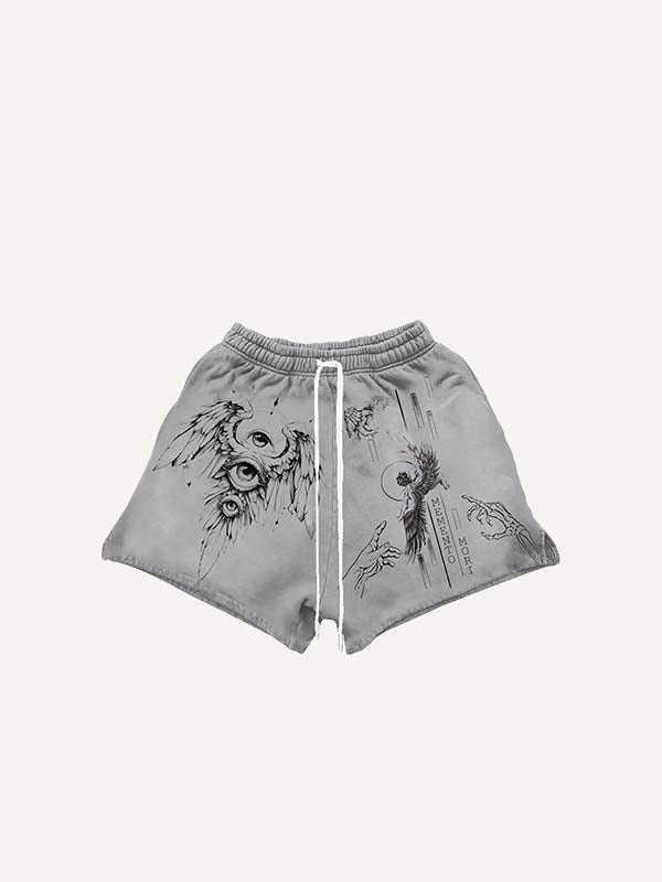 Figure&Wing&Eye&Letter Print Drawstring Waist Shorts