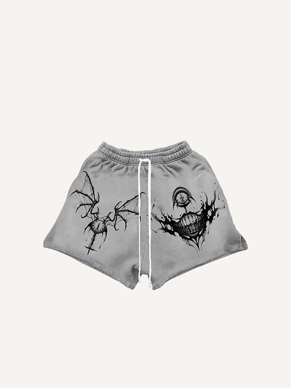 Eye&Mouth&Wing Print Drawstring Waist Shorts