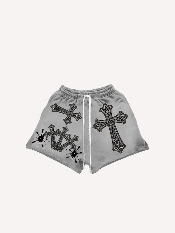 Cross Print Drawstring Waist Shorts