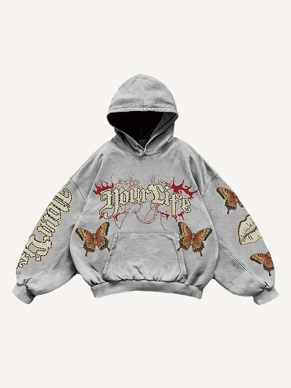 Butterfly&Lips&Letter Print Slant Pockets Hoodie