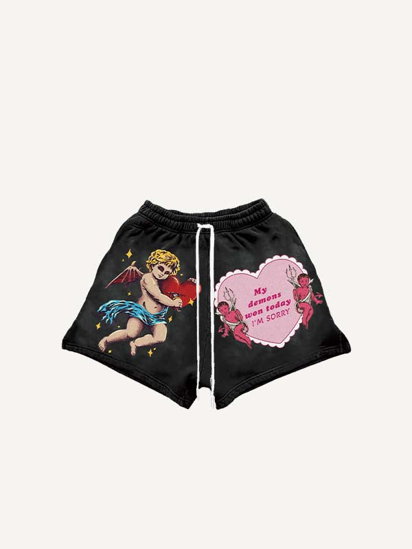 Angel&Devil&Heart&Sword&Letter Print Drawstring Waist Shorts