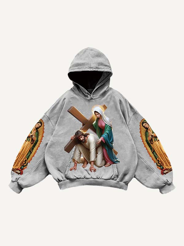 Mary&Jesus&Cross Print Slant Pockets Hoodie
