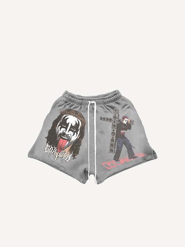 Figure&Tongue&Cross&Letter Print Drawstring Waist Shorts
