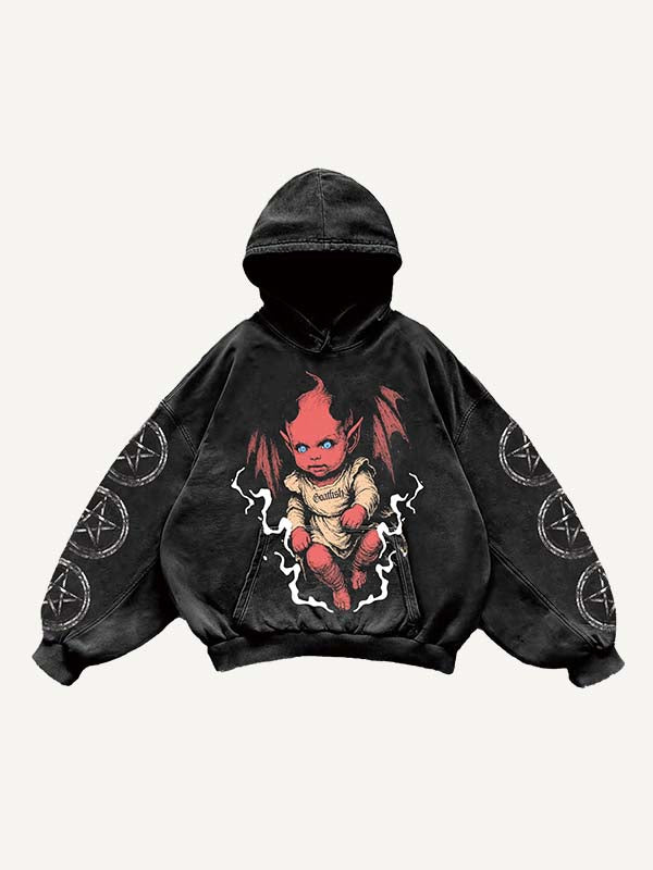 Demon&Letter&Star Print Slant Pockets Hoodie