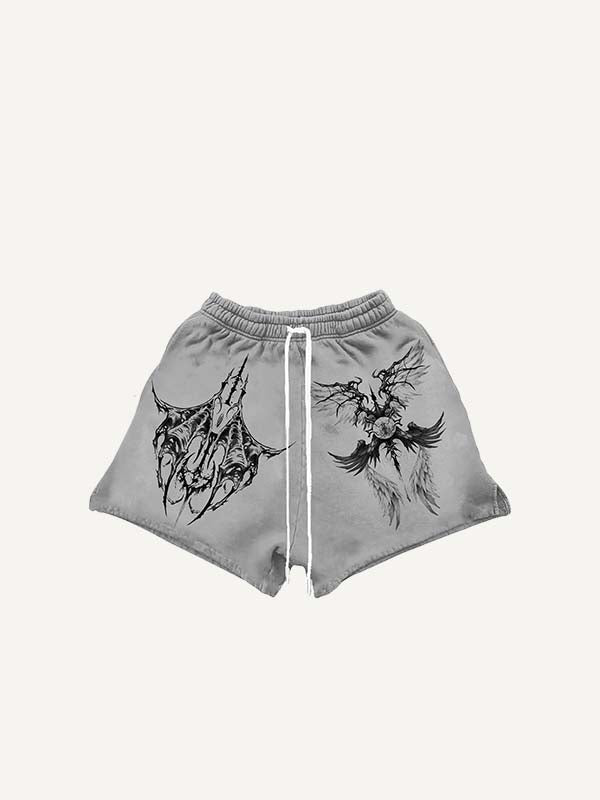 Eyeball&Wing Print Drawstring Waist Shorts