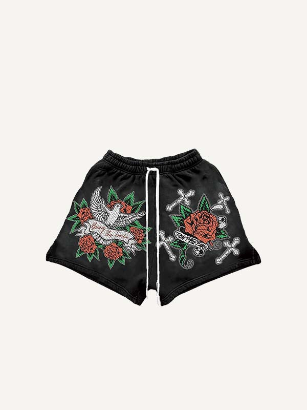 Cross&Rose&Pigeon Print Drawstring Waist Shorts