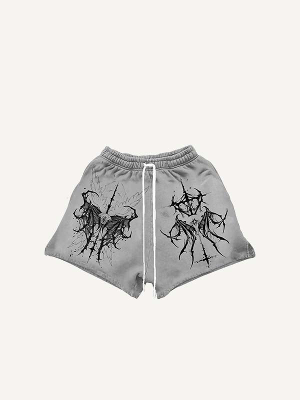 Eyeball&Wing Print Drawstring Waist Shorts