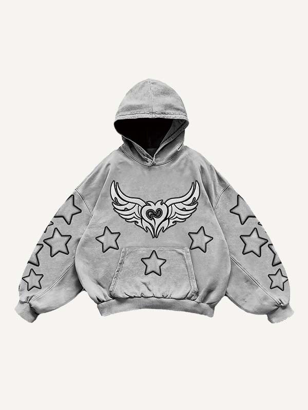 Demon Heart&Wing&Star Print Slant Pockets Hoodie