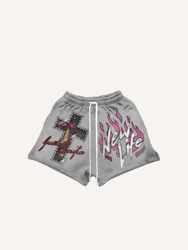 Jesus&Cross&Letter Print Drawstring Waist Shorts