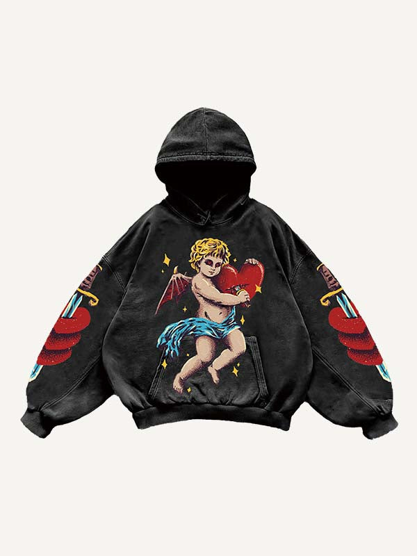 Angel&Devil&Heart&Sword&Letter Print Slant Pockets Hoodie