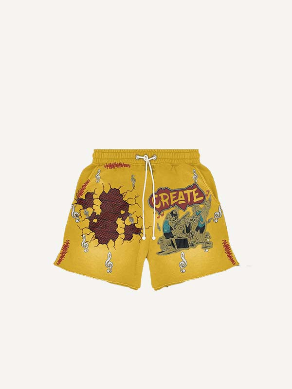 Figure&Music&Letter Faux Decal Print Drawstring Waist Shorts